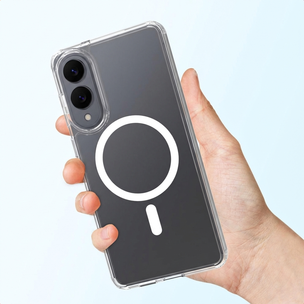 Una mano tiene una custodia trasparente per telefono con disegno cerchio e linea.