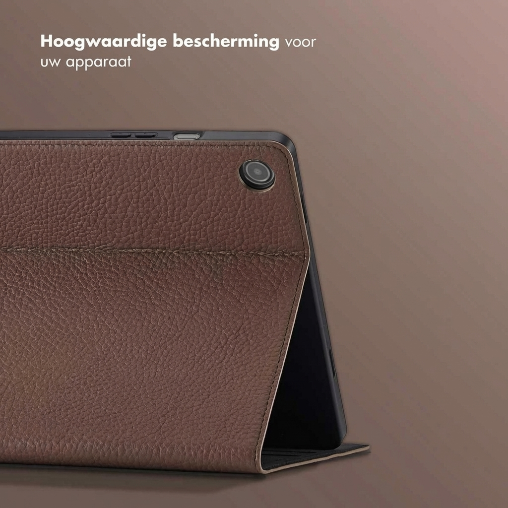 Brown leather case for a tablet with camera interface on top.