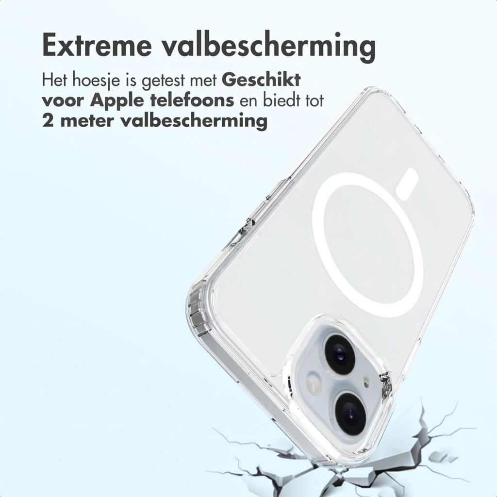 Clear phone case with MagSafe ring, falling onto cracks.