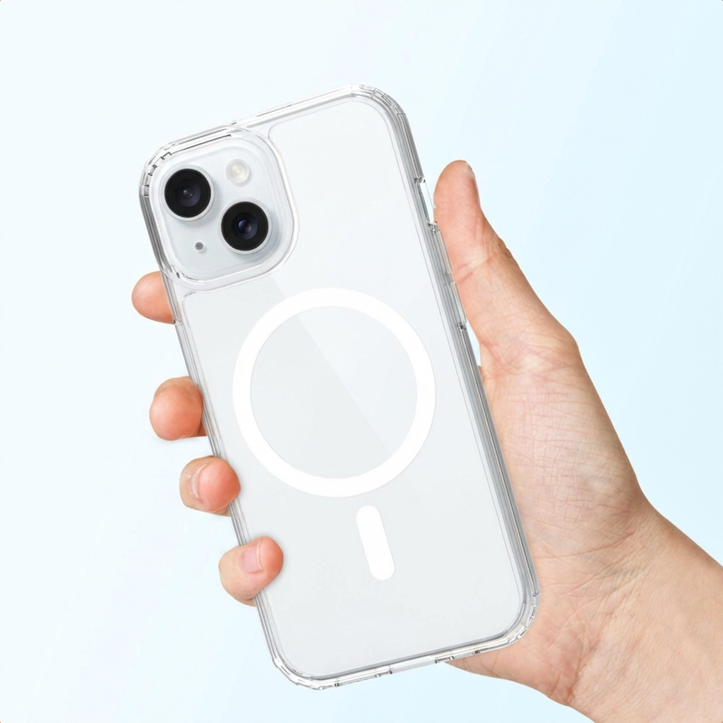A hand holds a clear phone case with a white magnetic ring on a light blue background.