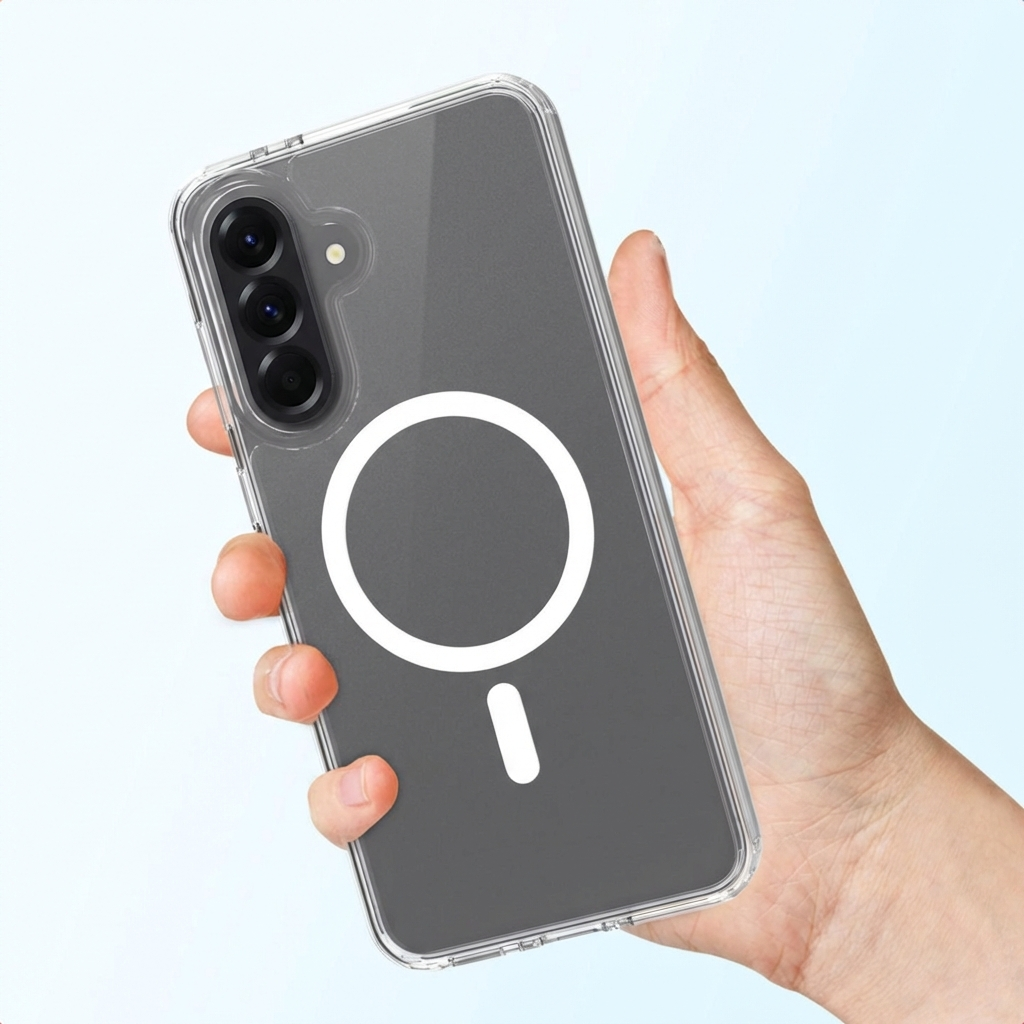 Una mano sostiene una funda transparente con anillo MagSafe en un smartphone.