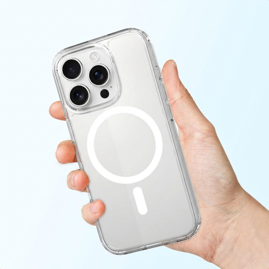 Una mano tiene una cover trasparente per telefono con anello MagSafe, mostrando le lenti.