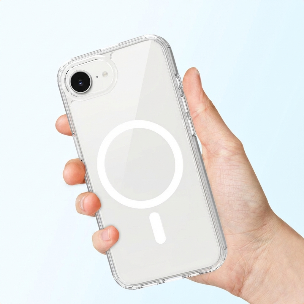 Una mano tiene un iPhone trasparente con un cerchio magnetico bianco sul retro.