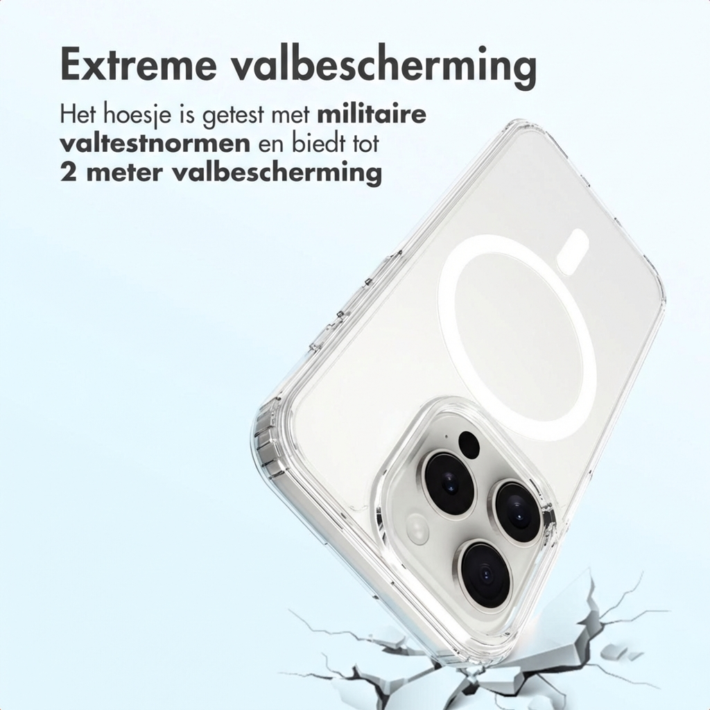 Custodia iPhone con anello MagSafe che cade su terreno crepato.