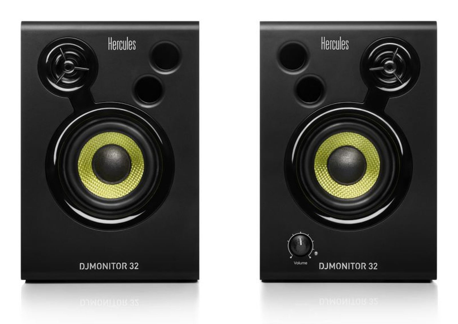 Two black Hercules DJ Monitor 32 speakers with yellow cones are shown side by side.