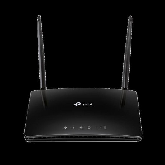 Schwarzer TP-Link Router mit zwei Antennen und LED-Anzeigen.