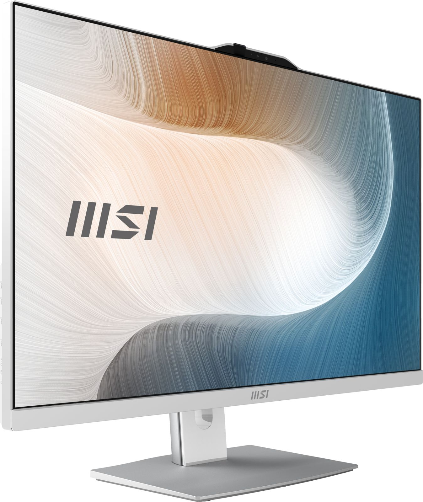 Weißer MSI-Monitor mit abstraktem Wellenmuster auf dem Bildschirm und einer Webcam.