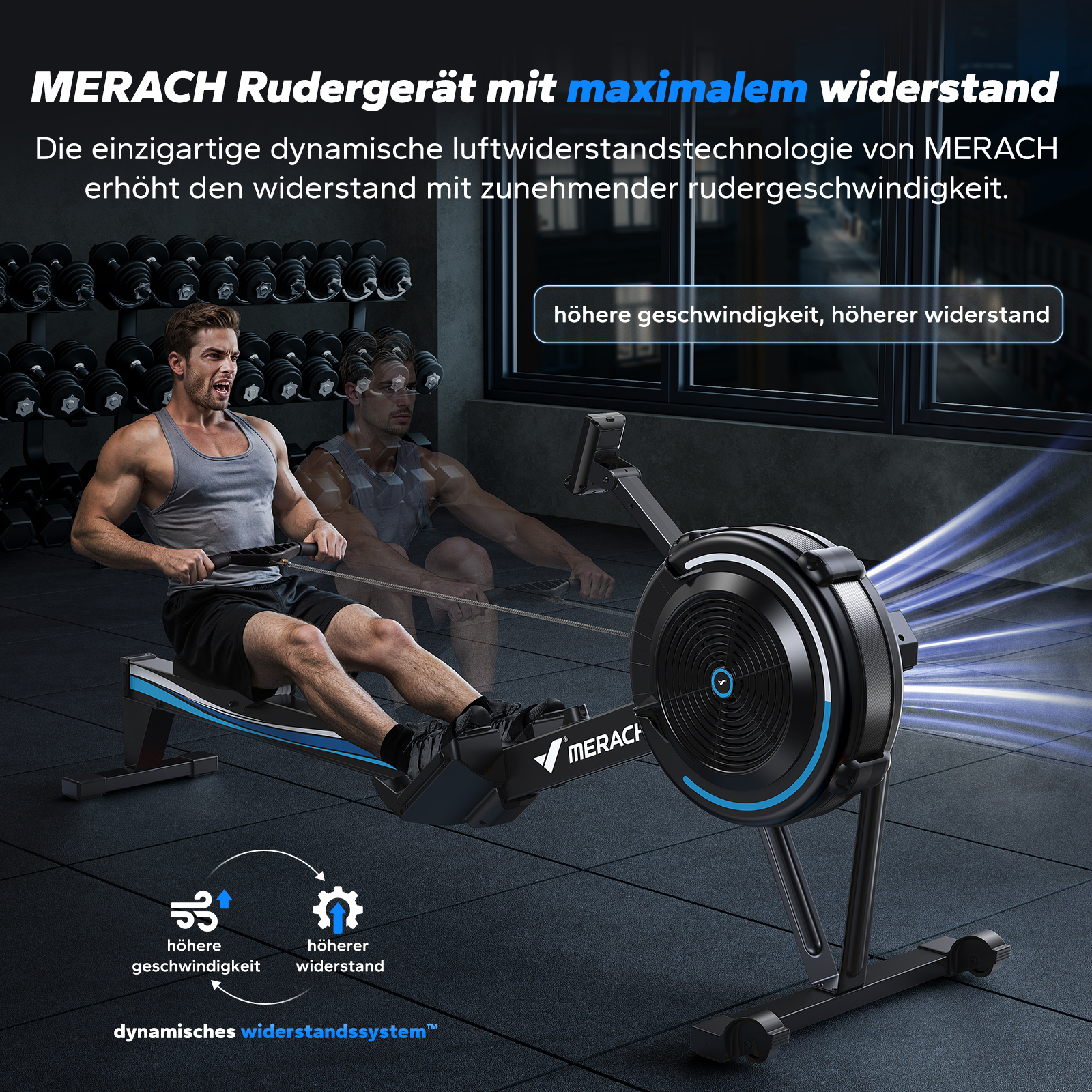 Mann rudert auf einem Merach Rudergerät in einem Fitnessstudio mit Hanteln im Hintergrund.