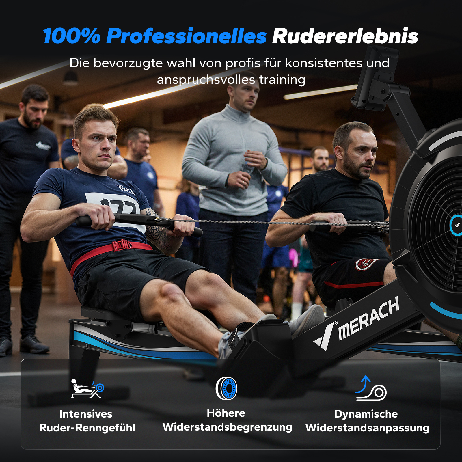 Männer trainieren auf Rudergeräten in einem Fitnessstudio, mit Text über professionelles Rudererlebnis.