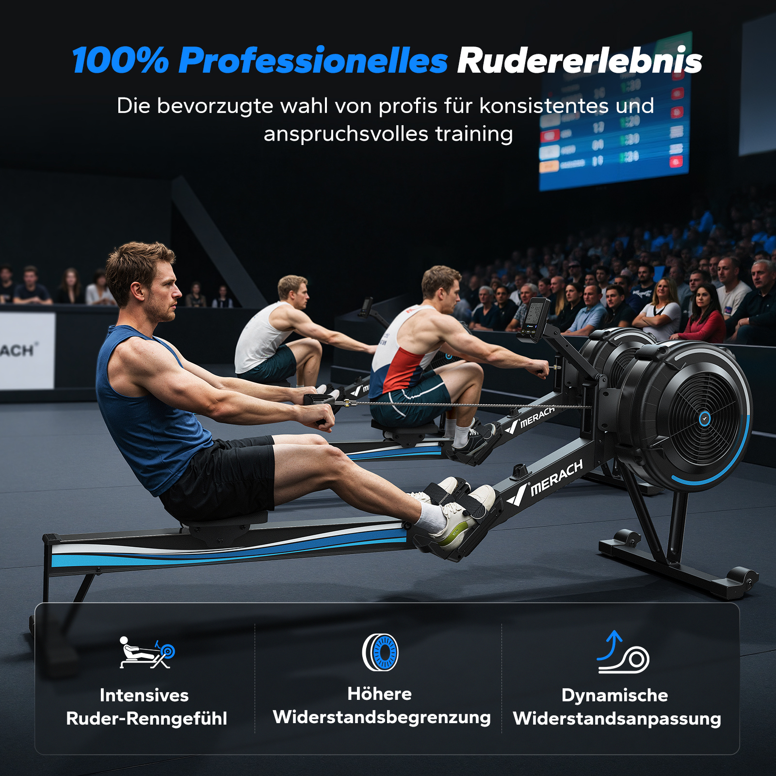 Männer rudern auf Ergometern vor Publikum. "100% Professionelles Rudererlebnis".