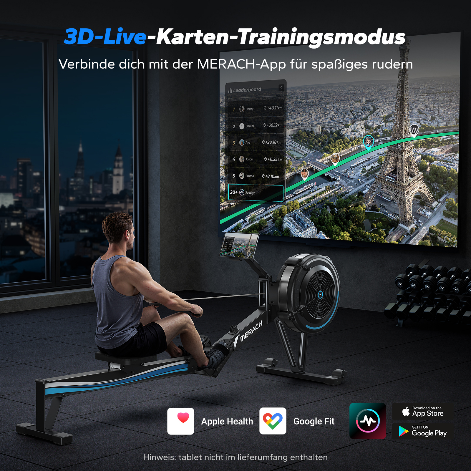 Ein Mann rudert auf einem Heimtrainer vor einem Bildschirm mit Paris-Karte und Rangliste.