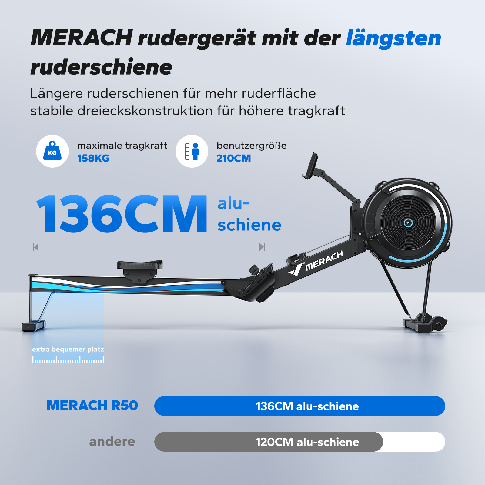 Ein schwarzes Merach Rudergerät mit 136cm Aluminiumschiene, 158kg Tragkraft, 210cm Nutzergröße.