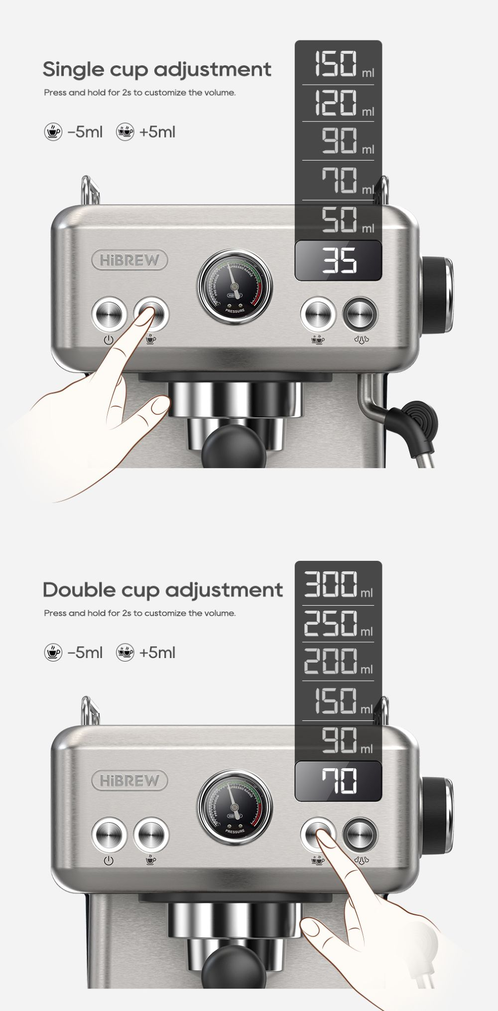 Macchina per espresso con display digitale per la regolazione di tazze singole e doppie.