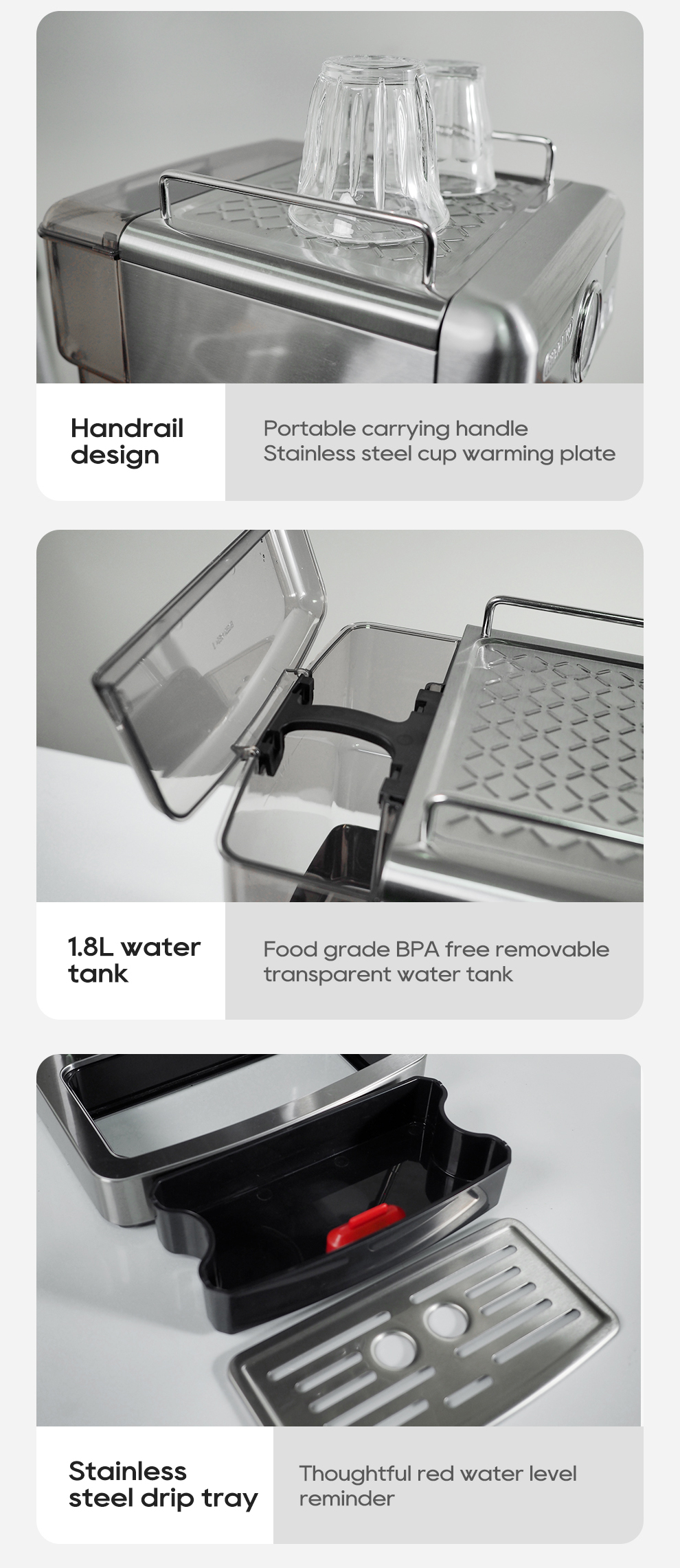 Máquina de café de acero inoxidable con asa, calentador de tazas, depósito y bandeja.
