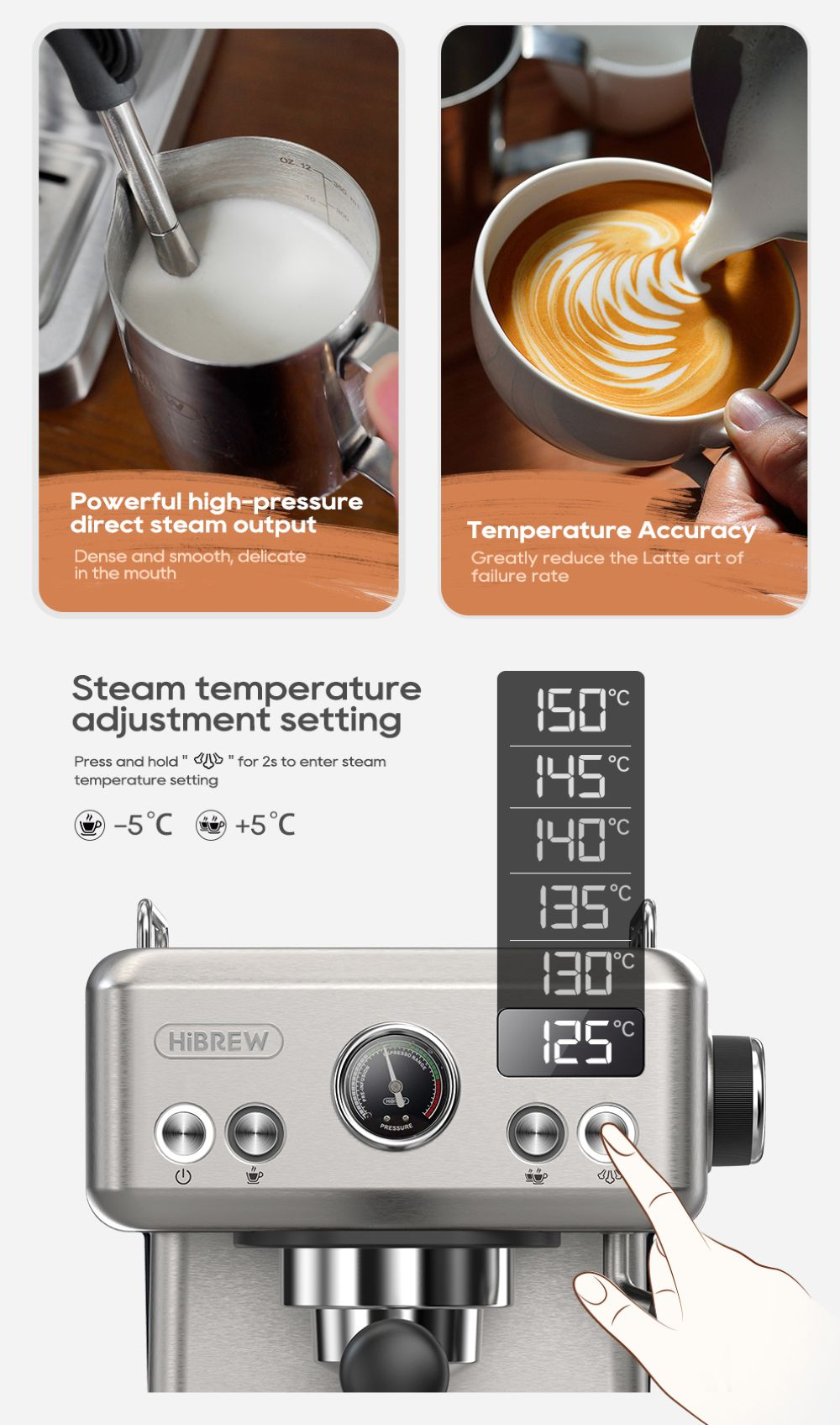 Macchina da caffè con lancia vapore, montalatte e display temperatura.