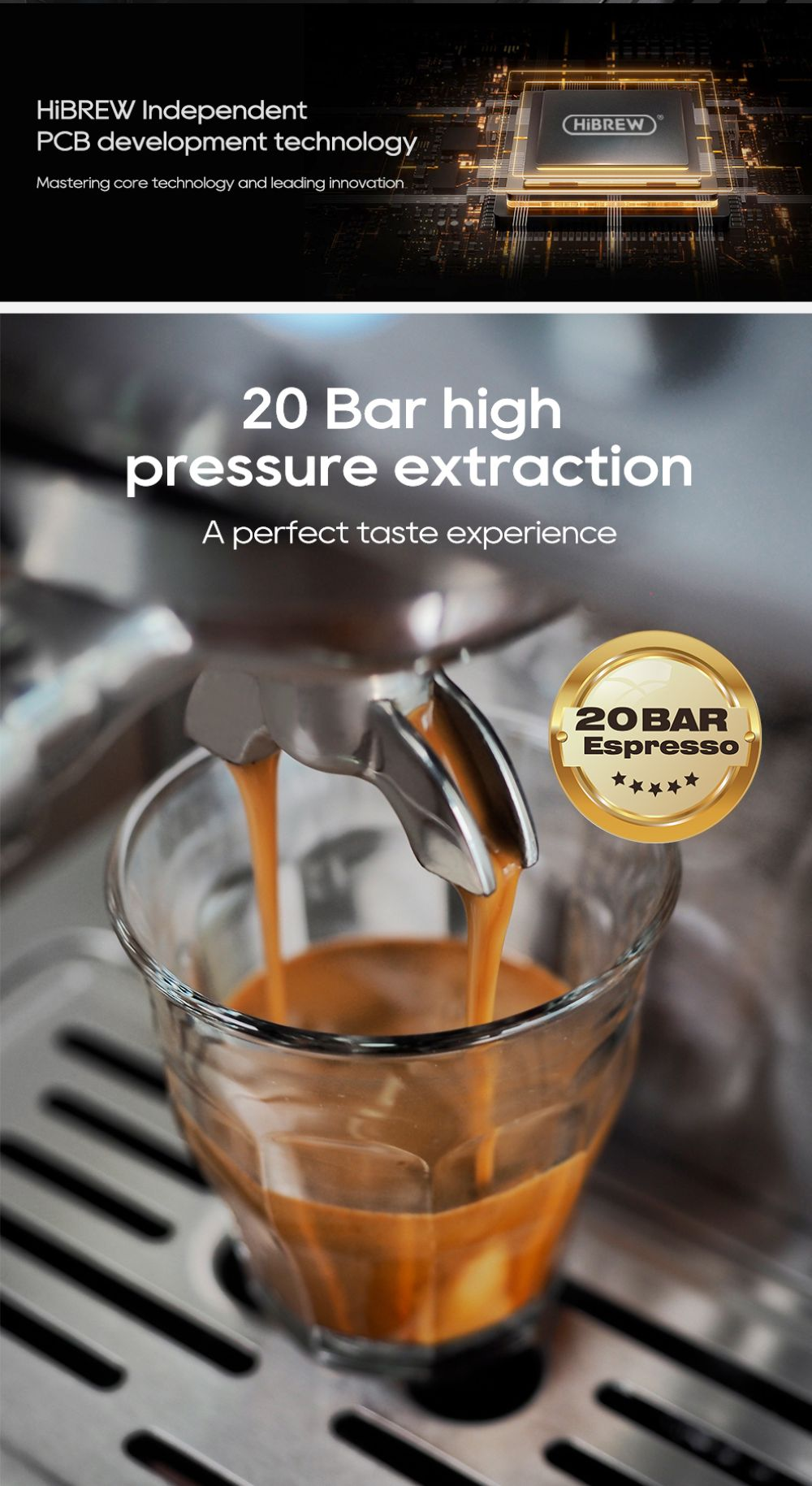L'espresso scorre da una macchina in un bicchiere. Logo: 20 Bar Espresso.
