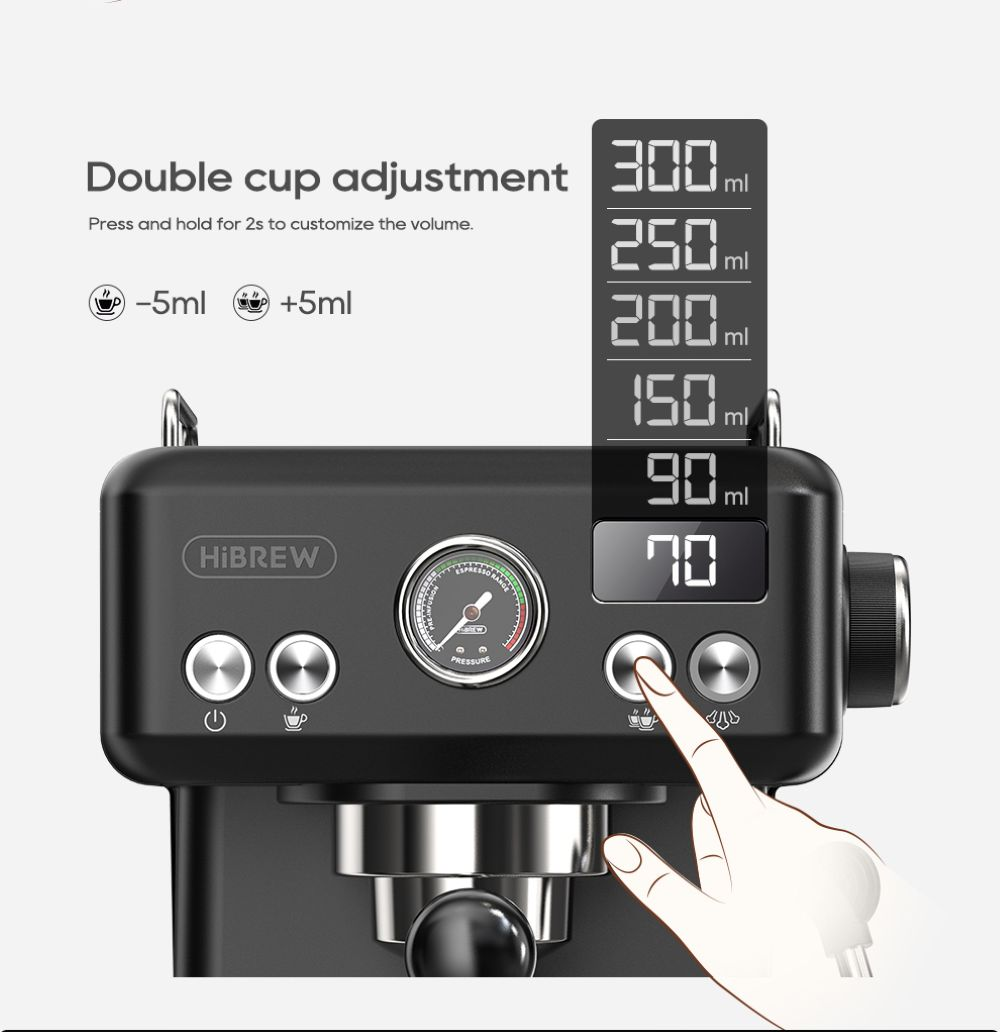 Macchina da caffè con display digitale e manometro. Regolazione doppia tazza.