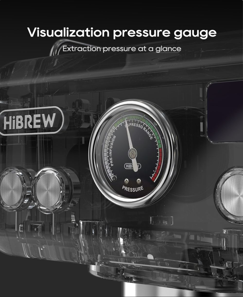 Un manometro per espresso con logo 'HiBREW' e una scala.