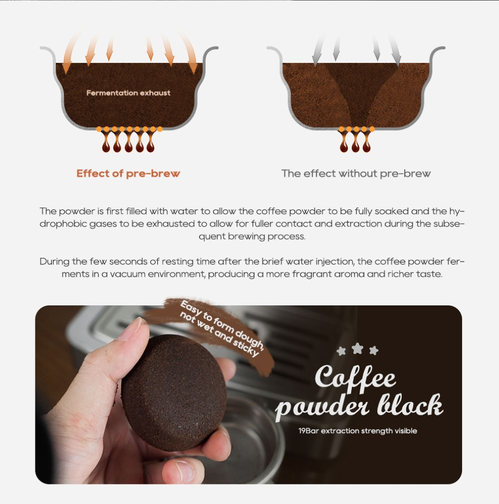 Illustrazione preparazione caffè: Con e senza pre-infusione. Blocco caffè.