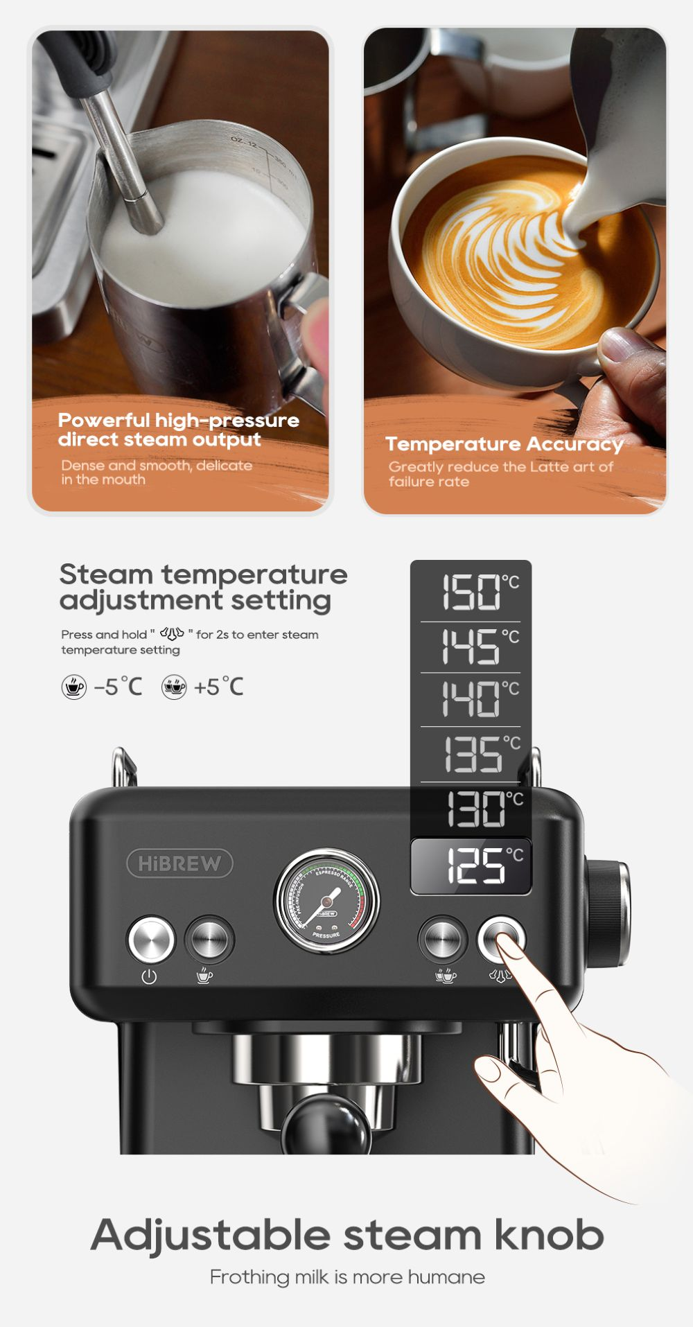 Macchina da caffè con lancia vapore per montare il latte e display temperatura.