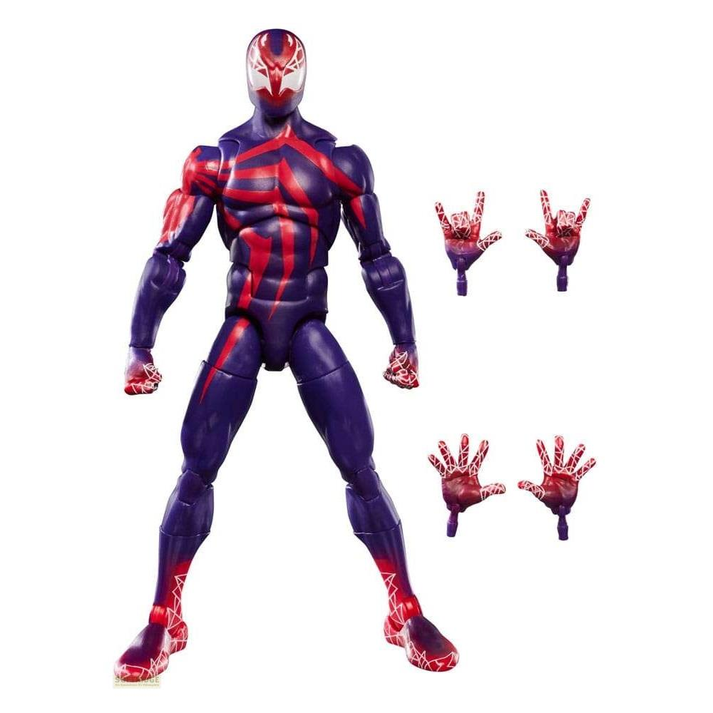 Figura de acción de Spider-Man 2099 en púrpura y rojo, con manos intercambiables.