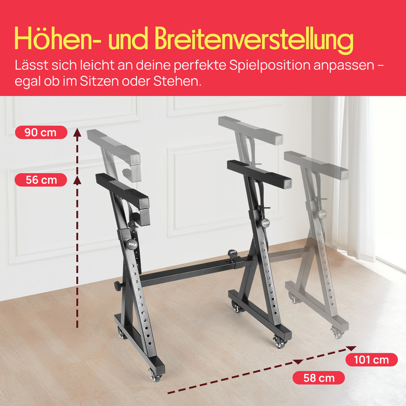 Ein verstellbarer schwarzer Ständer mit Rädern, Höhen 56-90cm, Breiten 58-101cm.