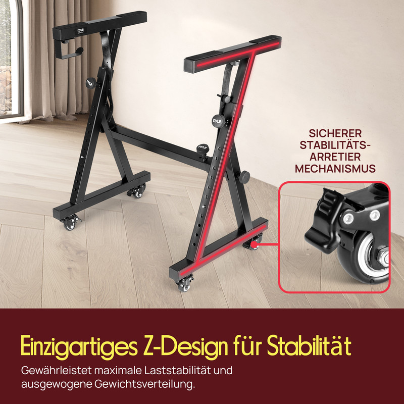 Zwei schwarze, verstellbare Ständer mit Rollen und roter Beleuchtung.