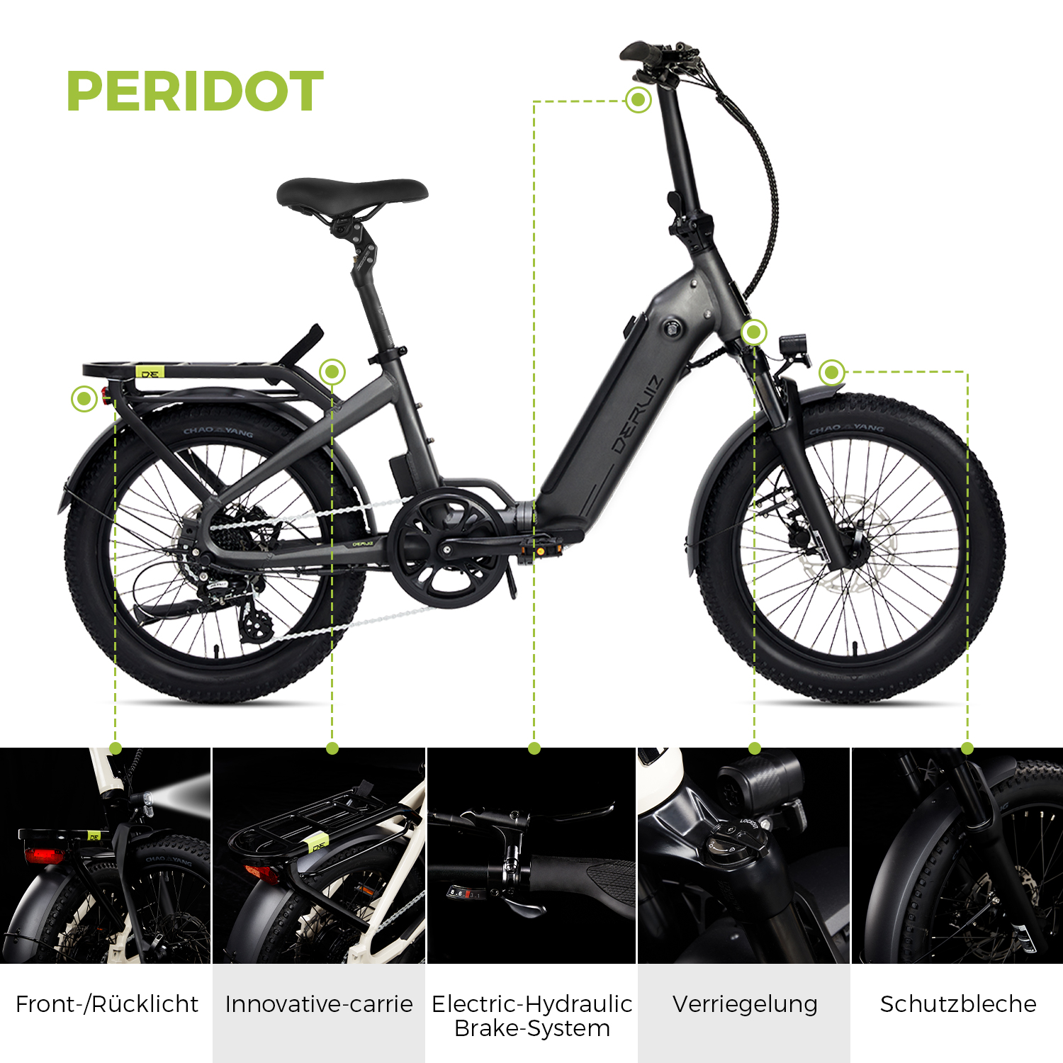 Ein graues E-Bike mit breiten Reifen, Schutzblechen und Gepäckträger.
