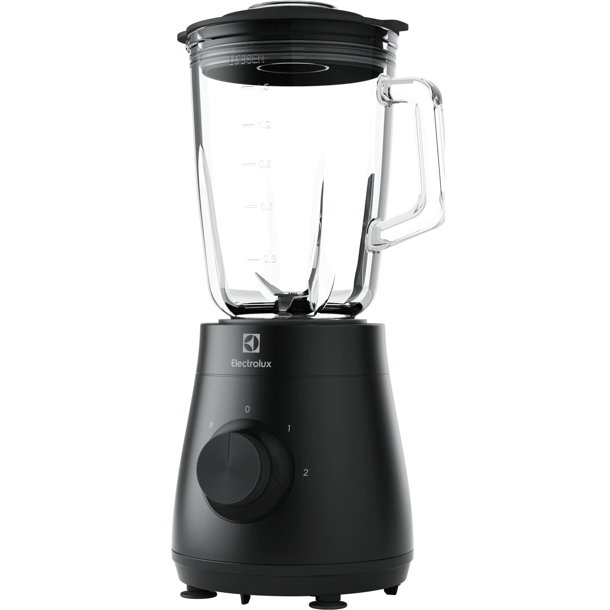 Czarny blender ze szklanym dzbankiem i czarną podstawą z pokrętłem.