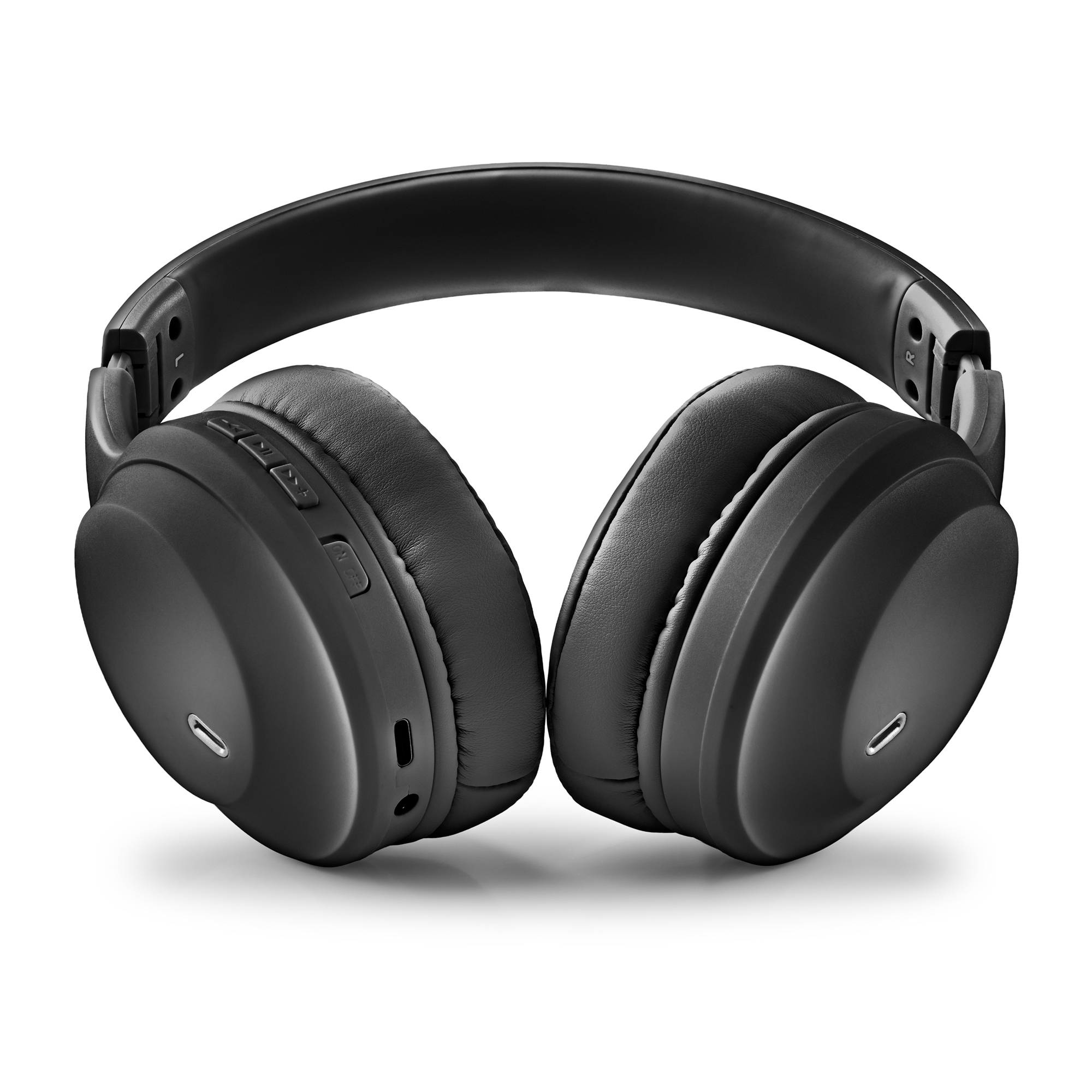 Cuffie wireless nere con padiglioni e archetto imbottiti.
