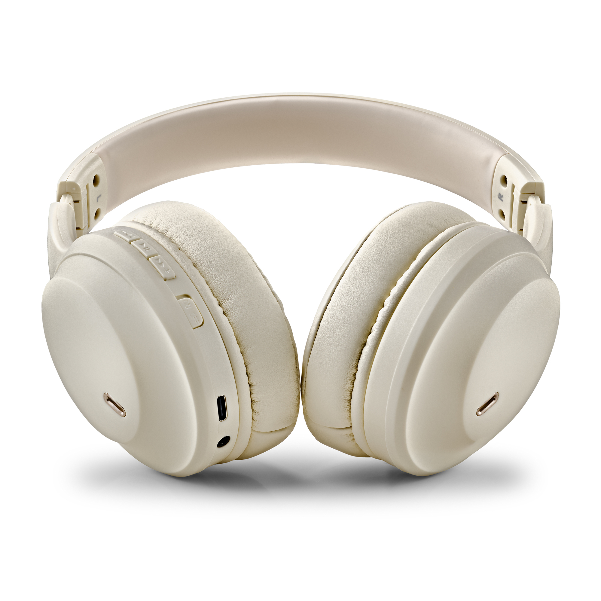 Cuffie wireless color crema con padiglioni imbottiti e pulsanti di controllo.