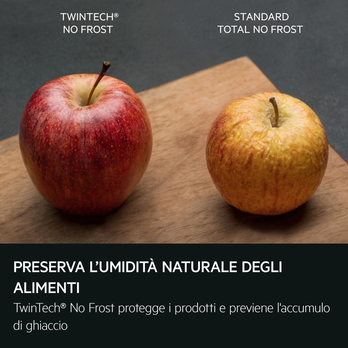 Dos manzanas en tabla de madera: una roja, una amarilla. Texto menciona TwinTech No Frost.