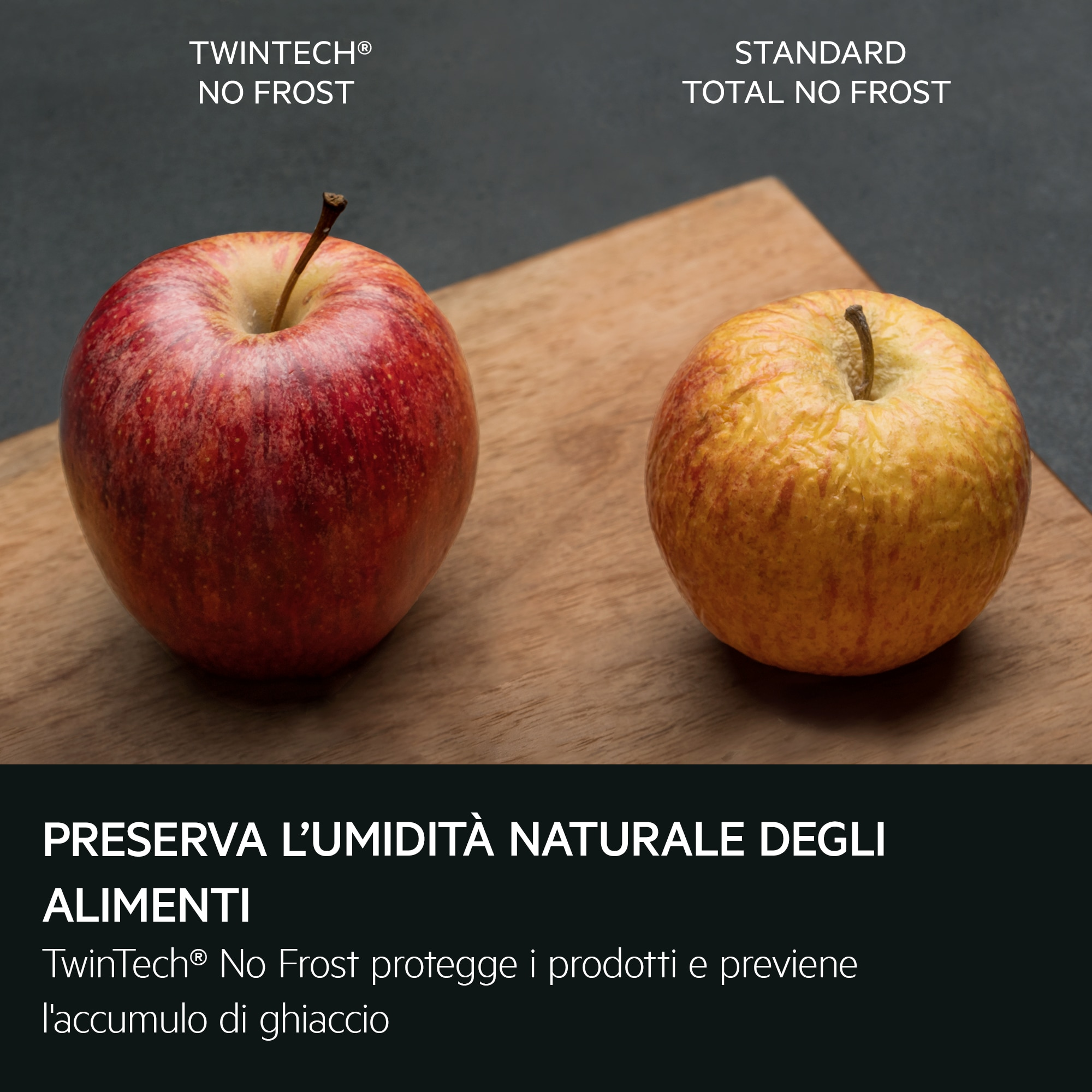 Una manzana roja y una amarilla sobre tabla de madera. Izquierda TwinTech, derecha Estándar.