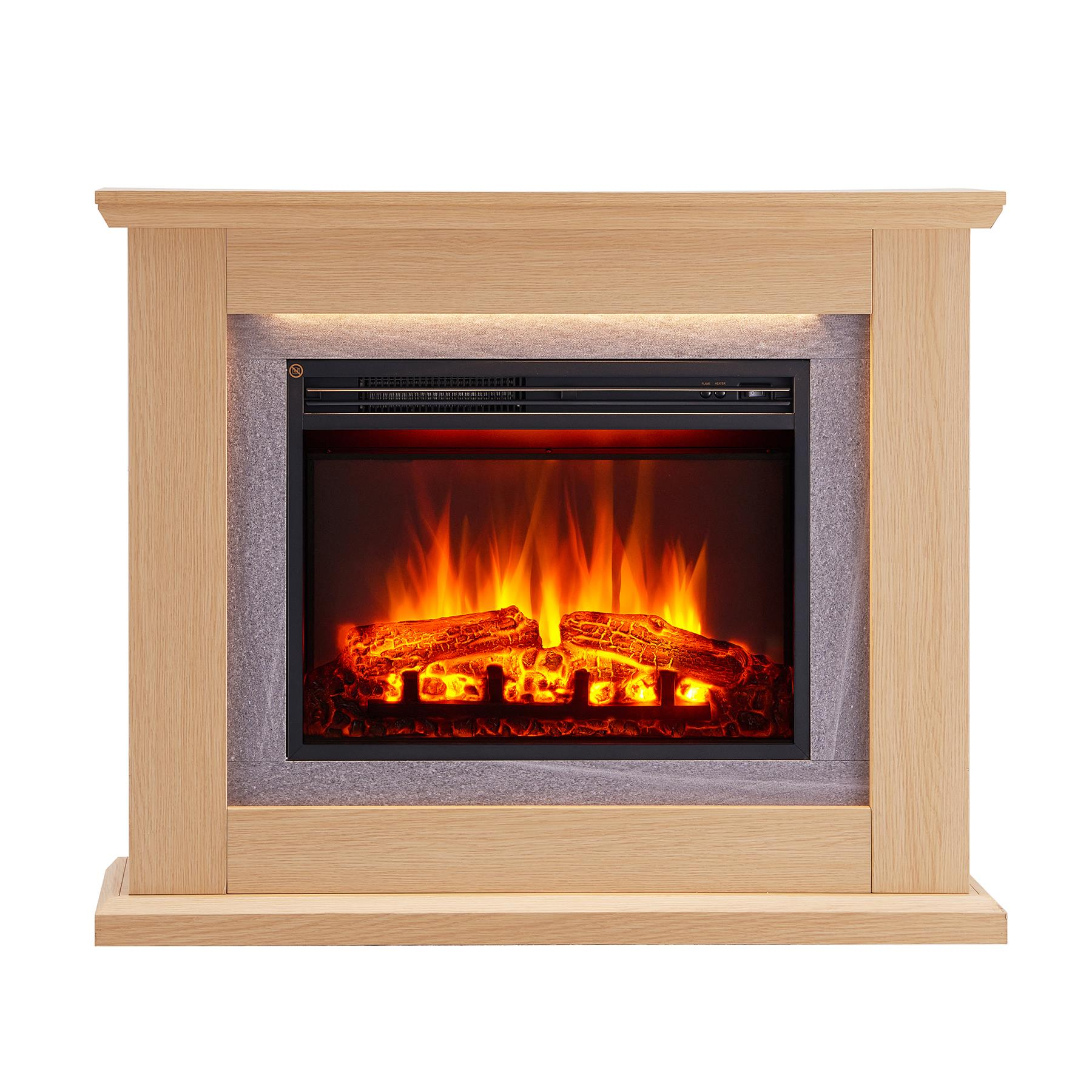 Ein elektrischer Kamin mit Holzverkleidung und leuchtenden Flammen.