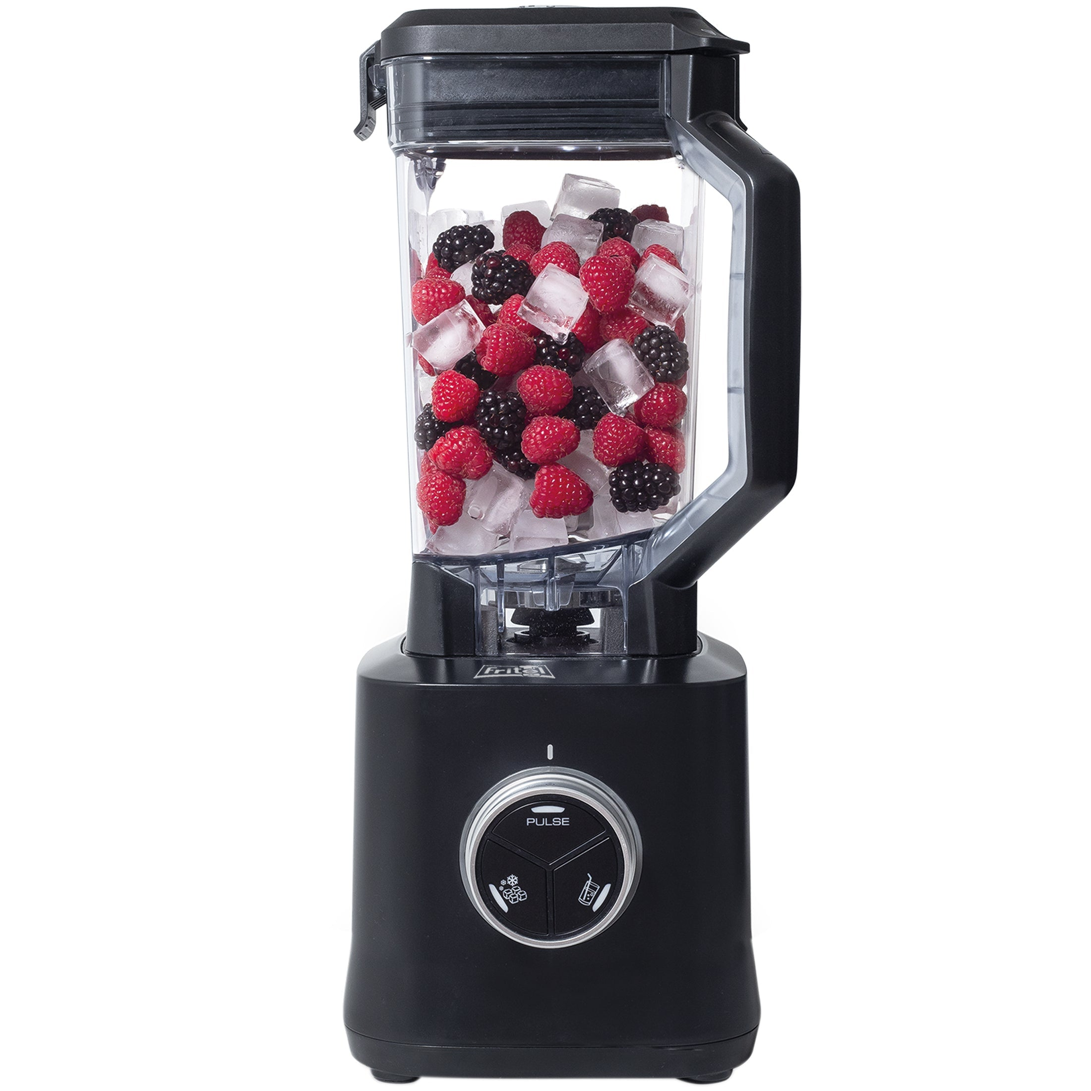 Zwarte blender met bessen en ijsblokjes in de kan en bedieningsknop.