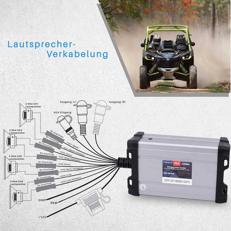 Schaltplan für Lautsprecherverkabelung mit Verstärker, vier Lautsprechern und AUX-Eingang.