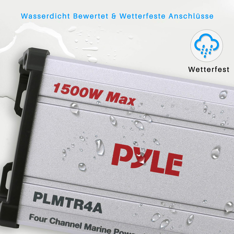 Wasserdichter 1500W Max Pyle PLMTR4A Verstärker mit Regentropfen.