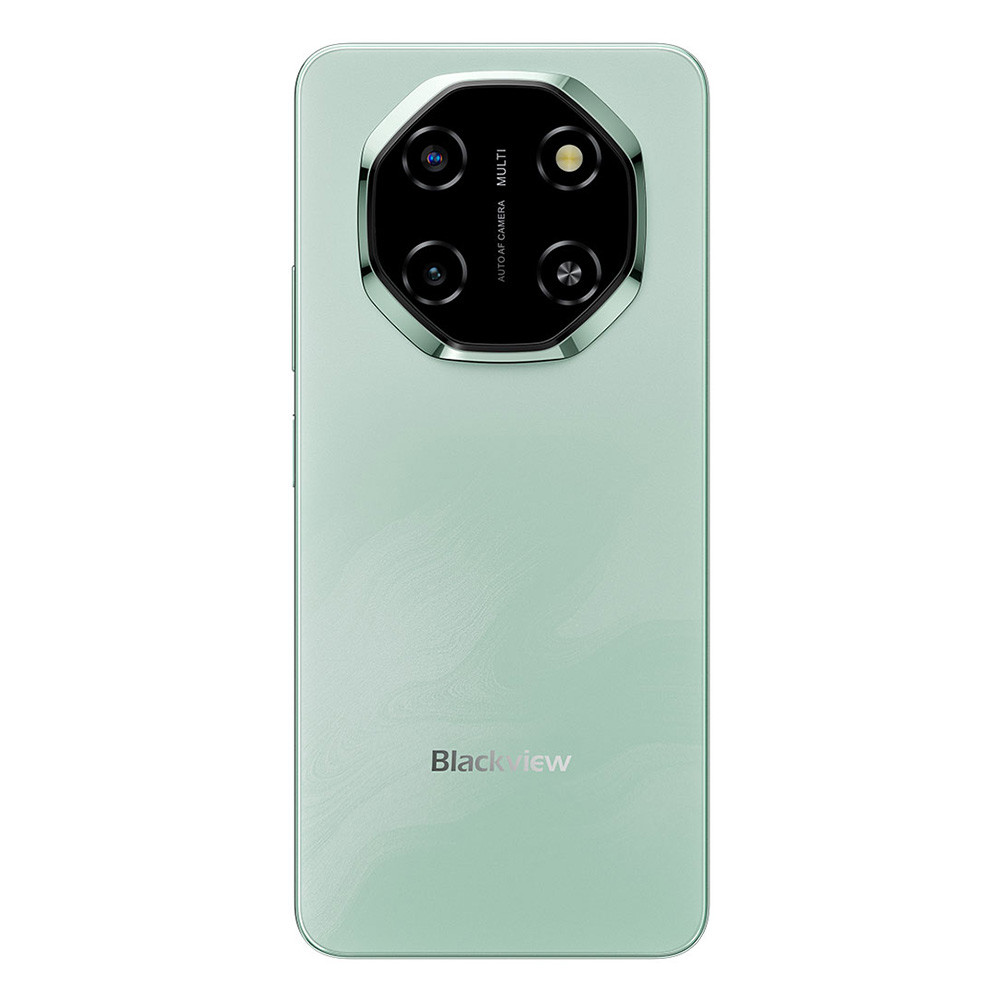 Retro di uno smartphone verde menta con quattro fotocamere e logo Blackview.