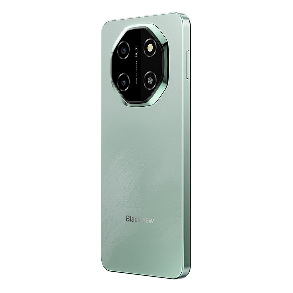 Uno smartphone verde chiaro con un sistema multi-camera sul retro.