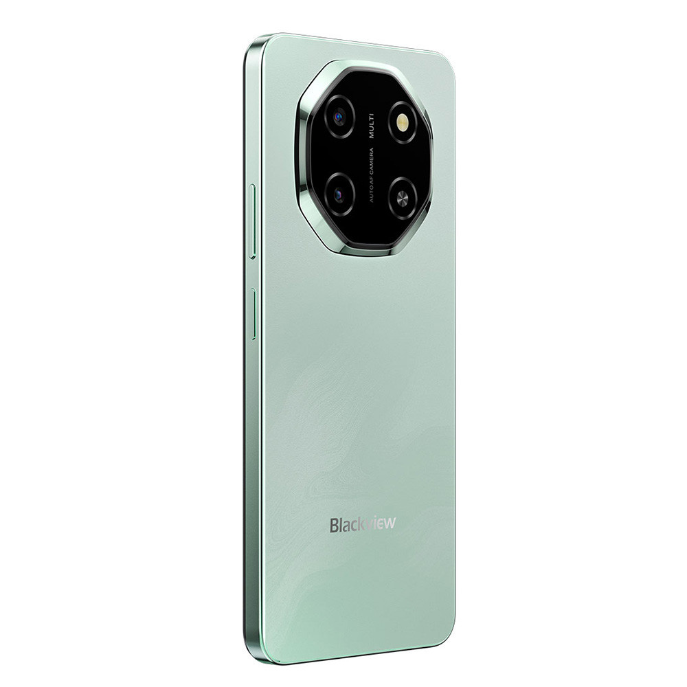 Uno smartphone verde chiaro con quattro fotocamere sul retro, su sfondo bianco.