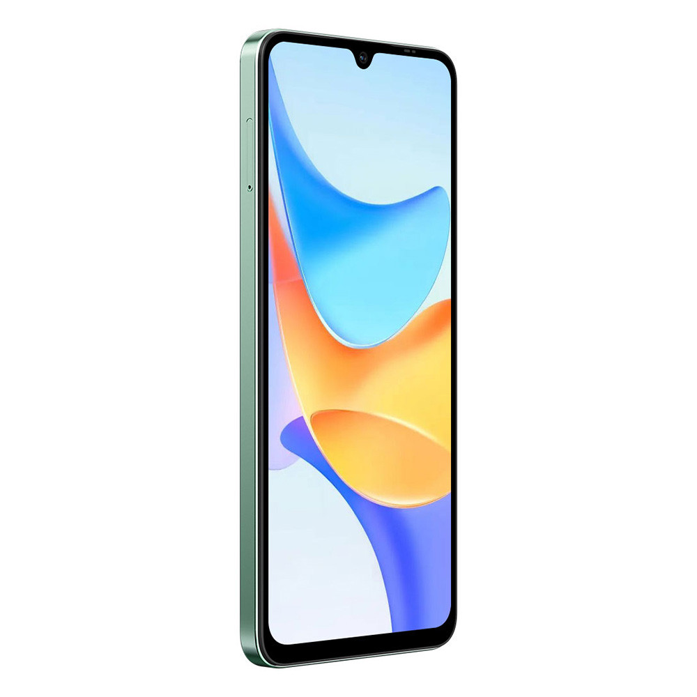 Uno smartphone verde chiaro con uno sfondo astratto e colorato sullo schermo.