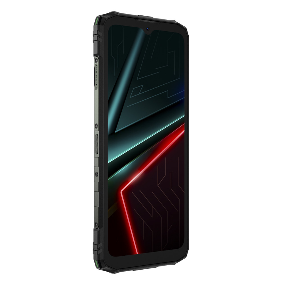 Uno smartphone robusto con uno sfondo grafico scuro e accenti al neon rossi.