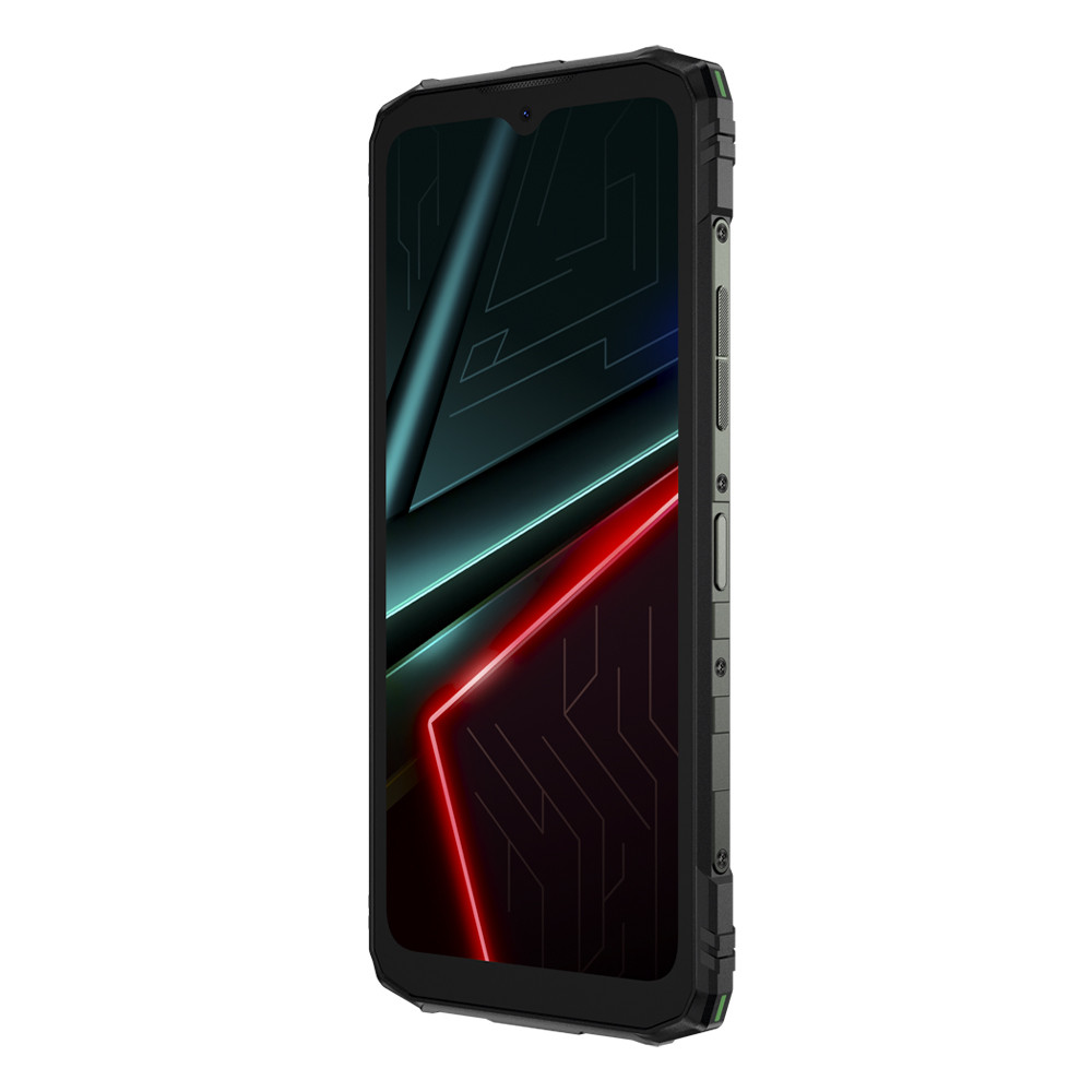 Uno smartphone nero con uno sfondo grafico visualizzato sullo schermo.