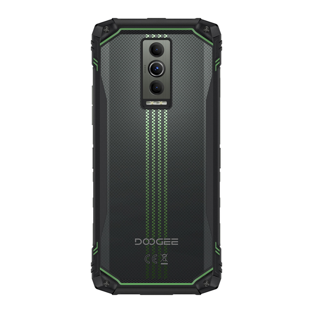 Vista posteriore di uno smartphone DOOGEE nero con tripla fotocamera e accenti verdi.
