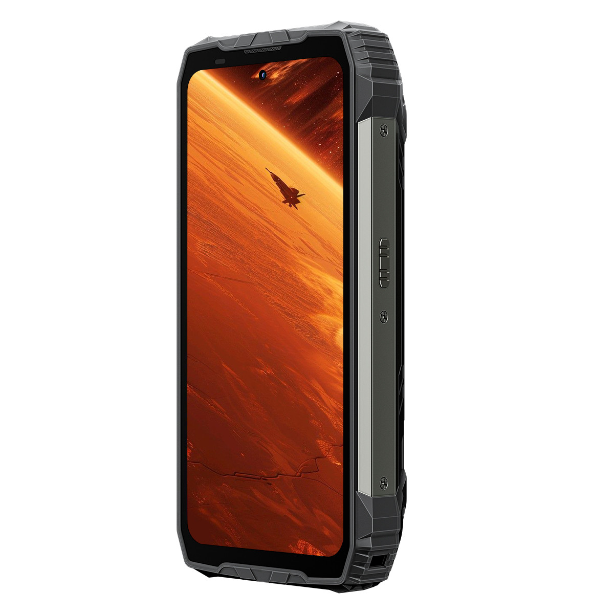 Smartphone robusto con un'astronave su uno sfondo spaziale.