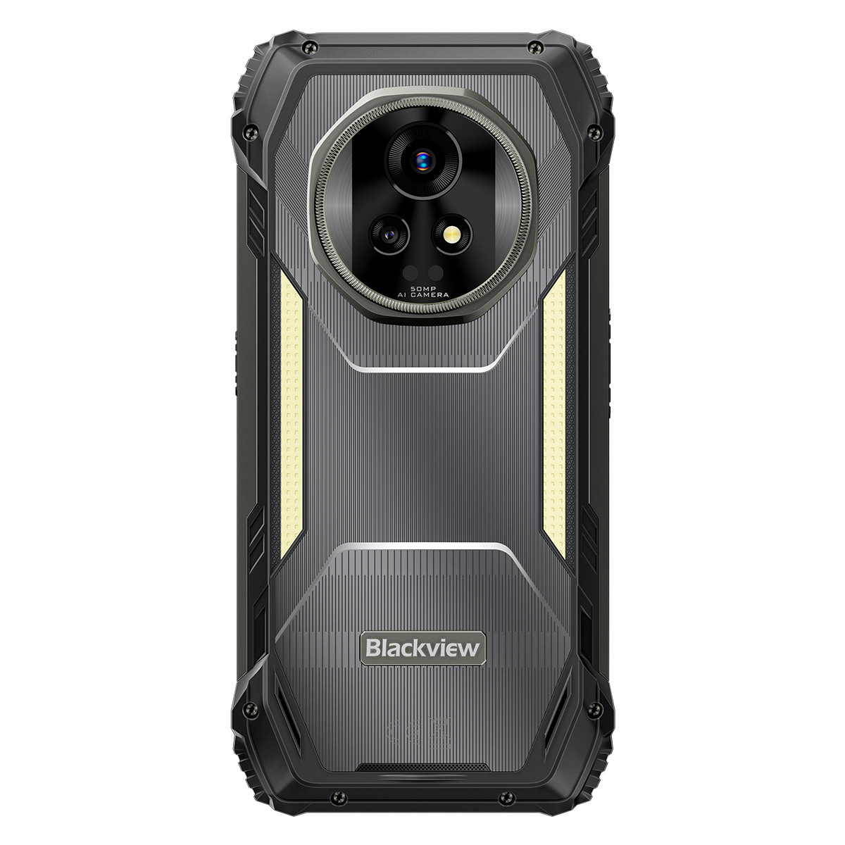 Retro di uno smartphone robusto con fotocamera AI da 50MP e logo Blackview.