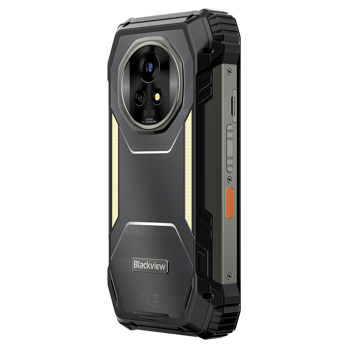 Un robusto smartphone nero con modulo fotocamera e logo "Blackview".