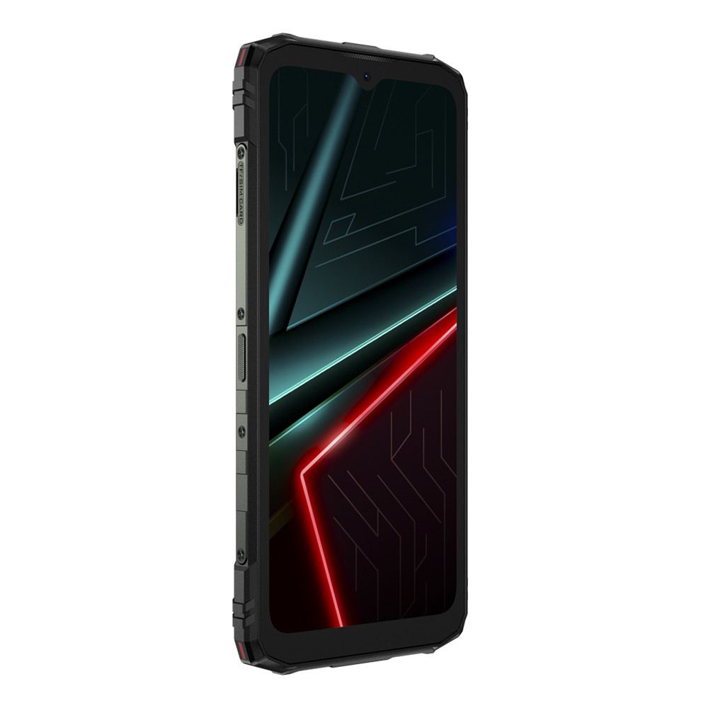 Uno smartphone robusto con cornice nera e uno sfondo rosso e blu vibrante.