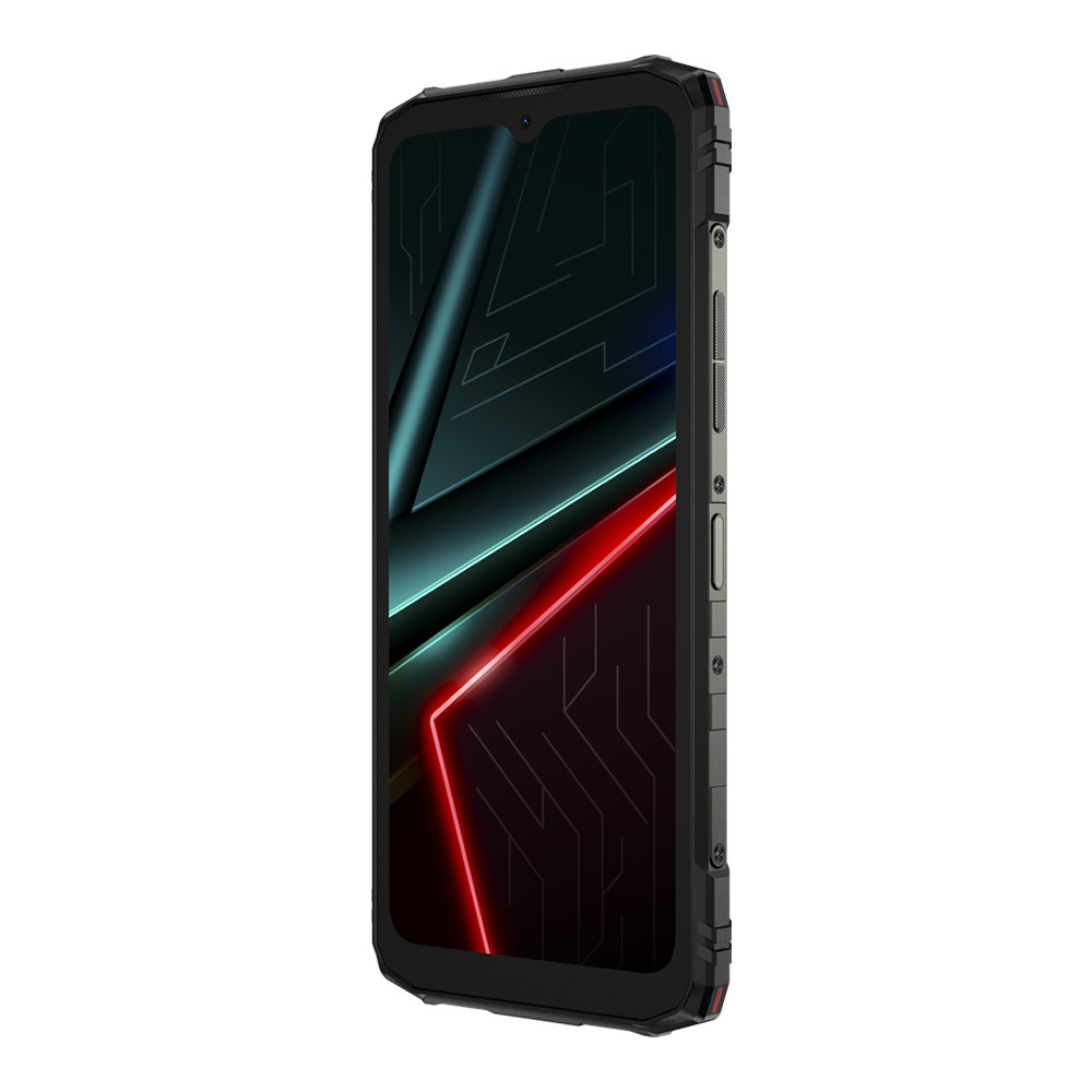 Smartphone robusto con custodia scura, caratterizzato da vivaci accenti rossi e blu sullo schermo.