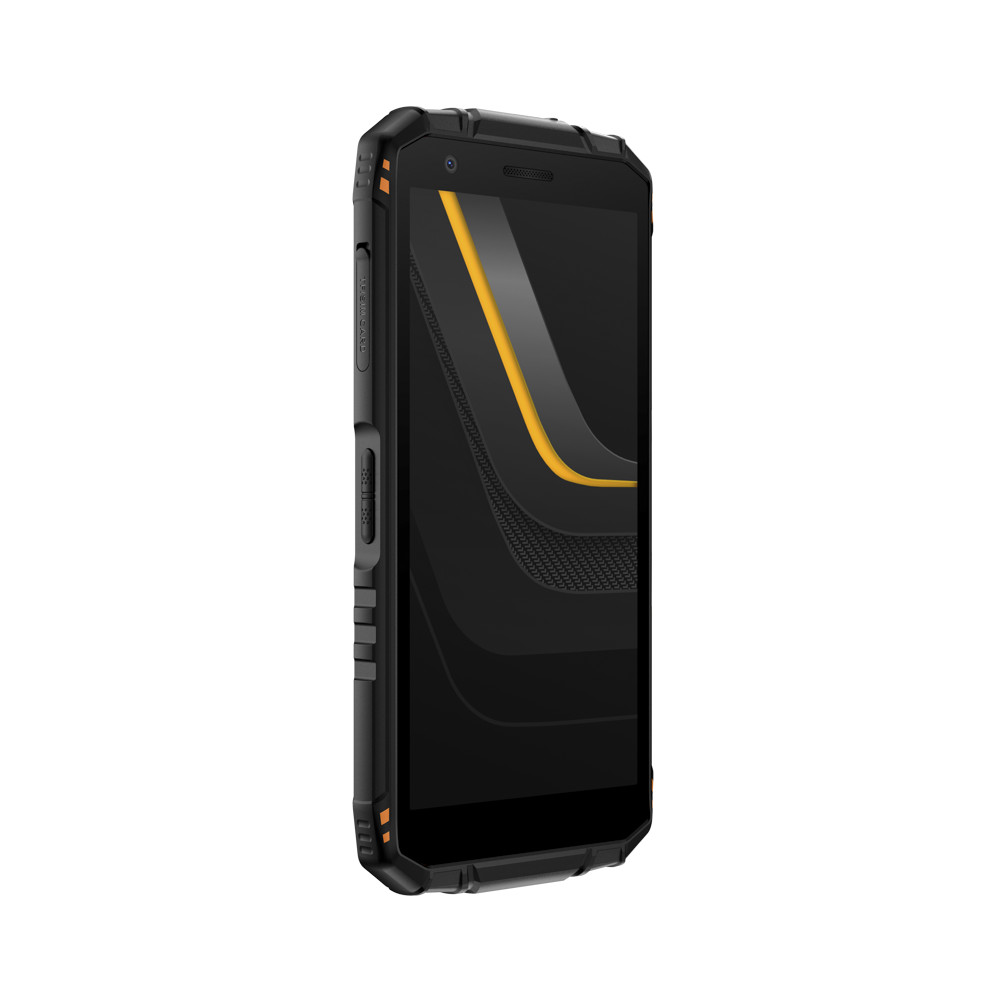 Uno smartphone nero con accenti arancioni e un design robusto.